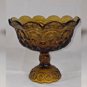 L.E. Smith Moon & Stars amber glass compote Bowl